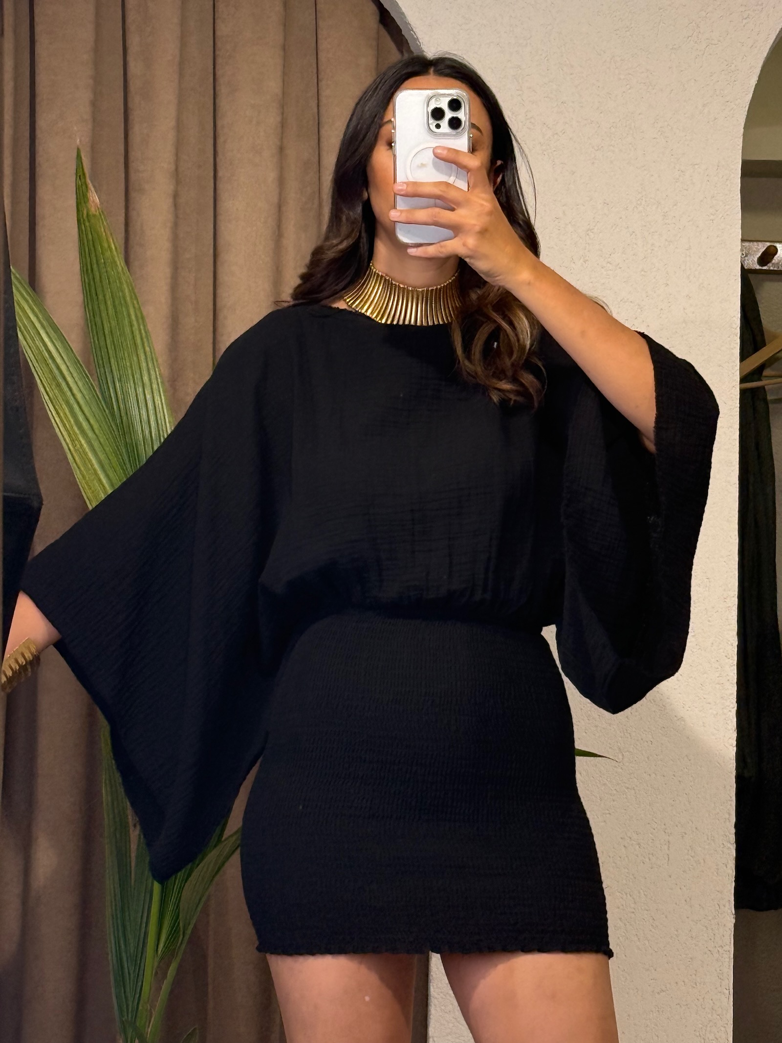 YARASA KOL LASTİKLİ MİNİ ELBİSE- BLACK