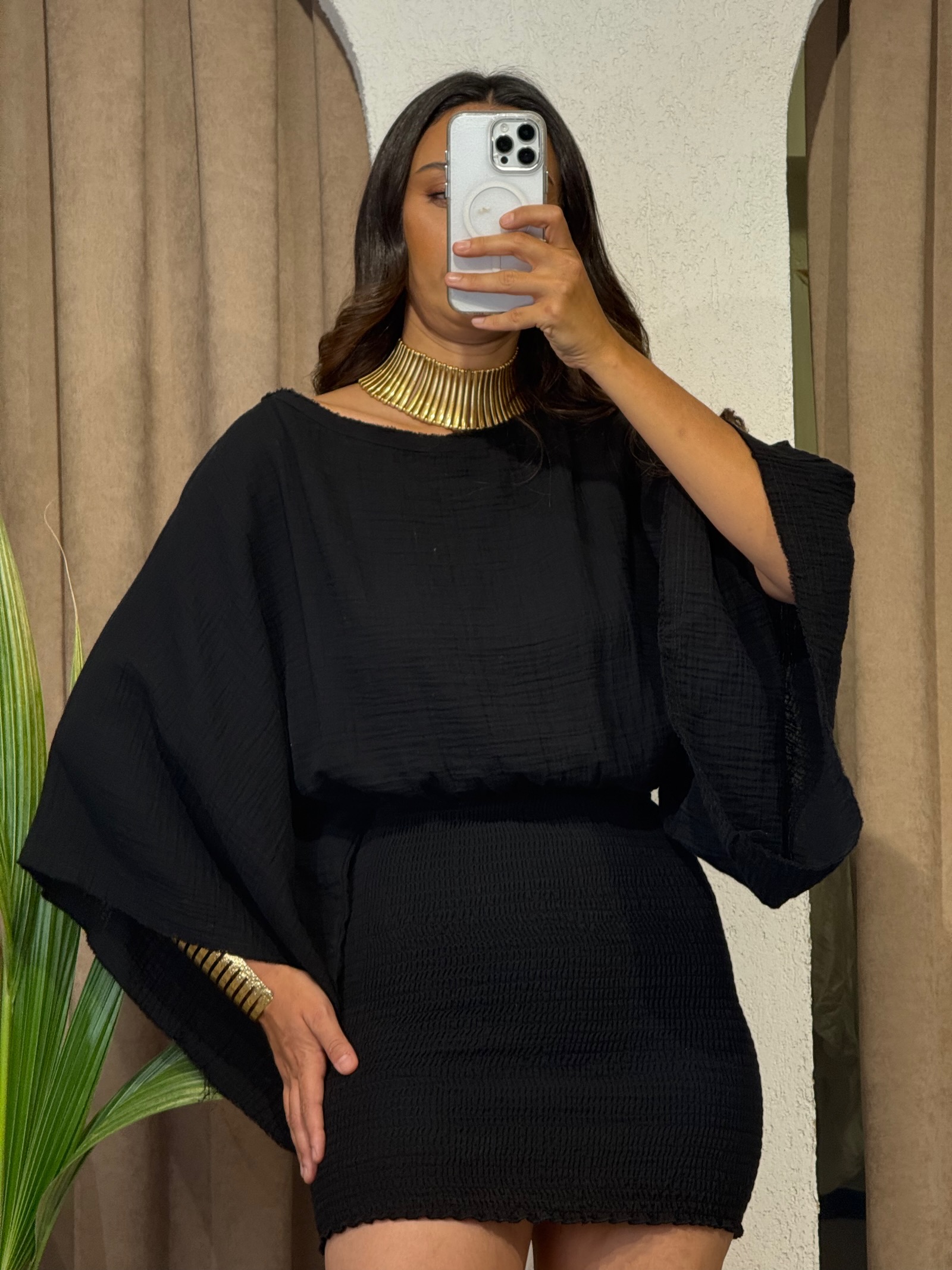 YARASA KOL LASTİKLİ MİNİ ELBİSE- BLACK